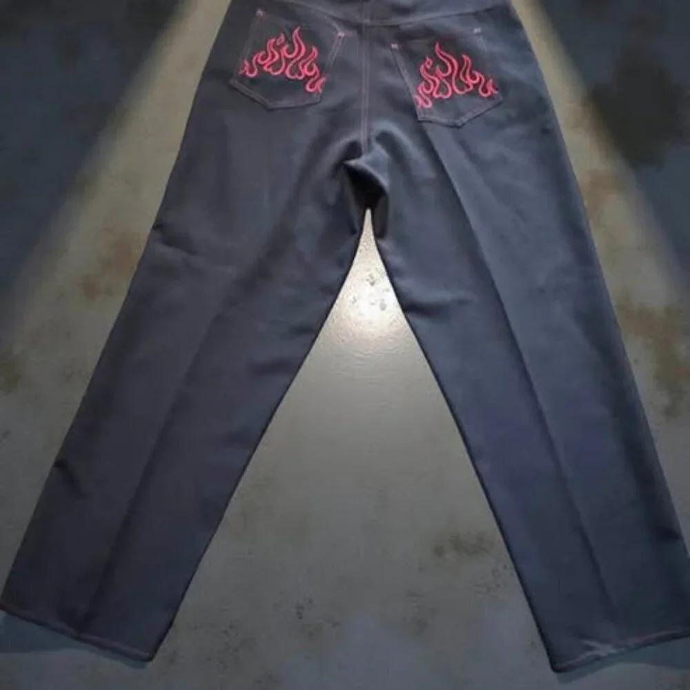 90s Vintage Johnny Suede Flame Embroidered Lightweight Dress Pants